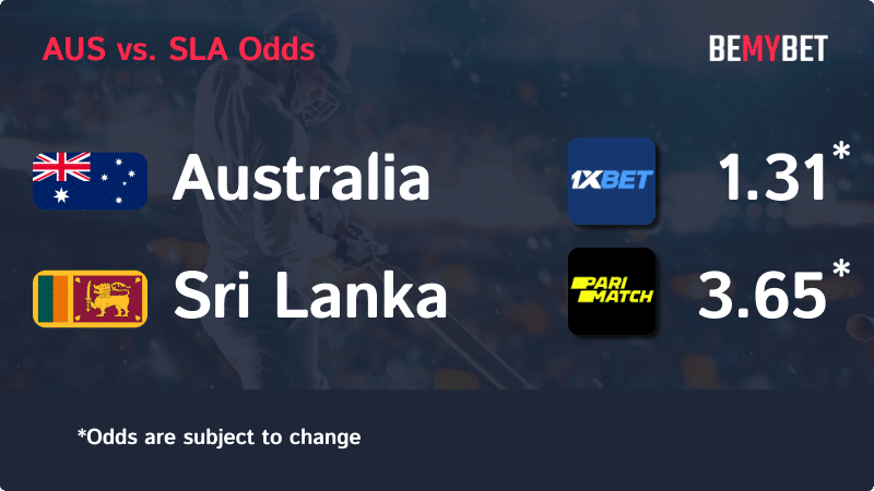 Banner displaying the Cricket World Cup match odds between Australia and Sri Lanka, with the betting sites in Bangladesh offering the highest odds for the match.