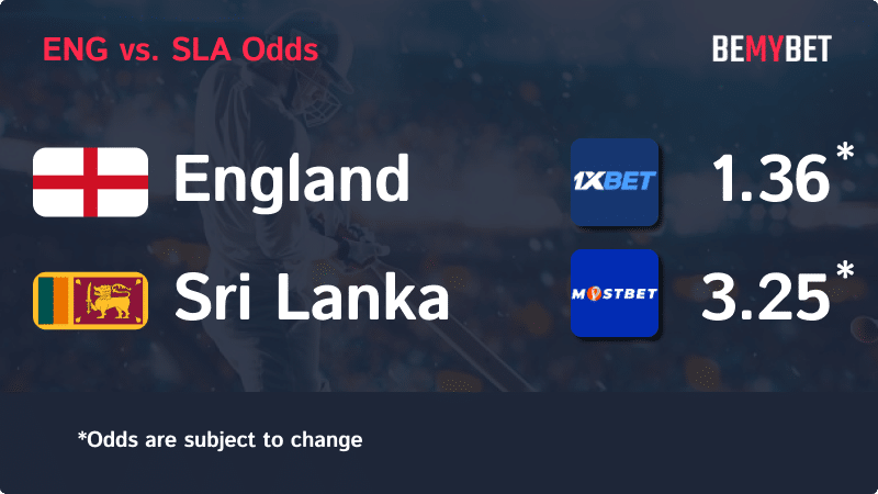 Banner displaying the Cricket World Cup match odds between England and Sri Lanka, with the betting sites in Bangladesh offering the highest odds for the match.