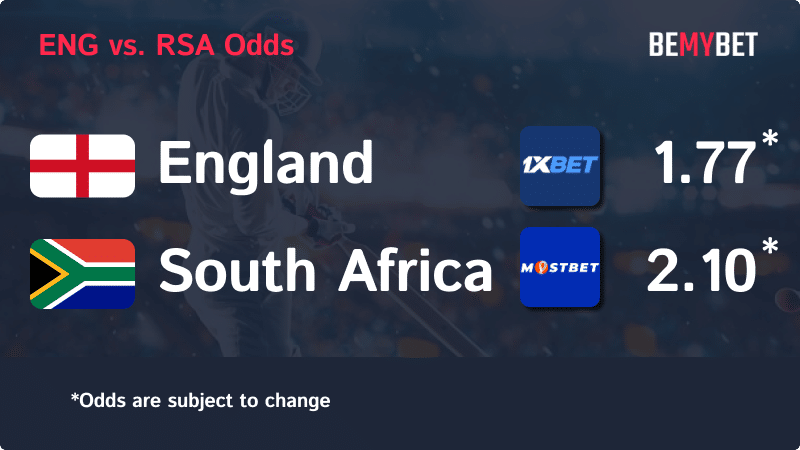 Banner displaying the Cricket World Cup match odds between EN vs SA, with the betting sites in Bangladesh offering the highest odds for the match.