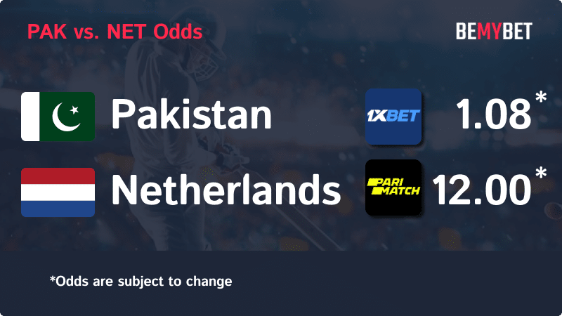 Banner displaying the Cricket World Cup match odds between Pakistan and Netherlands, with the betting sites in Bangladesh offering the highest odds for the match.