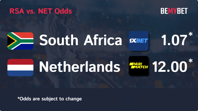 Banner displaying the Cricket World Cup match odds between South Africa and Netherlands, with the betting sites in Bangladesh offering the highest odds for the match.