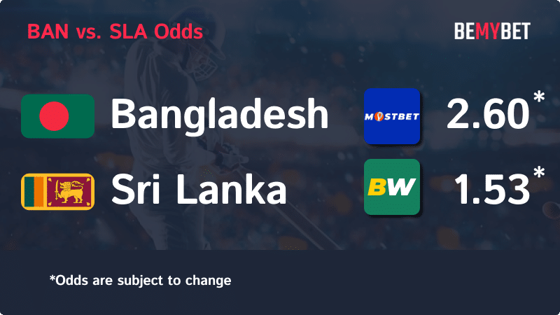 Banner displaying the Cricket World Cup match odds between Bangladesh and Sri Lanka, with the betting sites in Bangladesh offering the highest odds for the match.