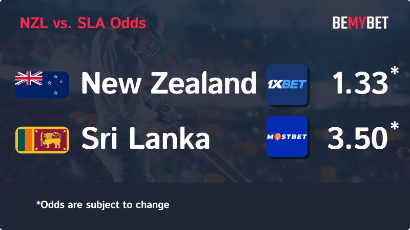 Banner displaying the Cricket World Cup match odds between New Zealand and Sri Lanka, with the betting sites in Bangladesh offering the highest odds for the match.