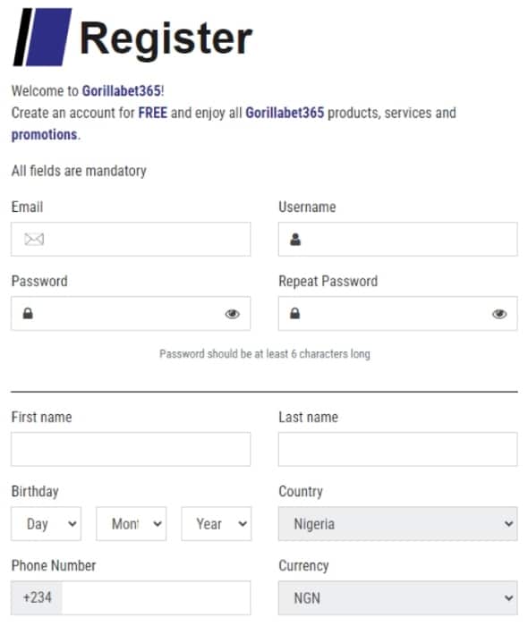 Register Section GorillaBet 365 