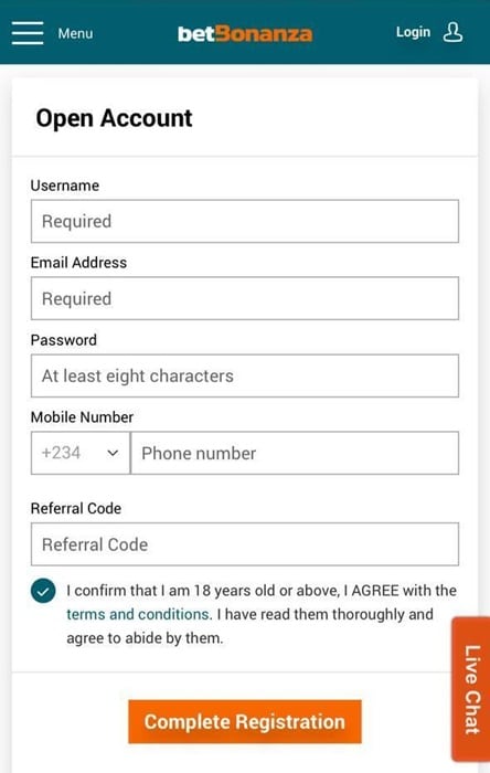 betBonanza Mobile Registration