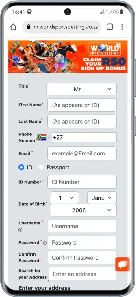 World Sports Betting registration step 1