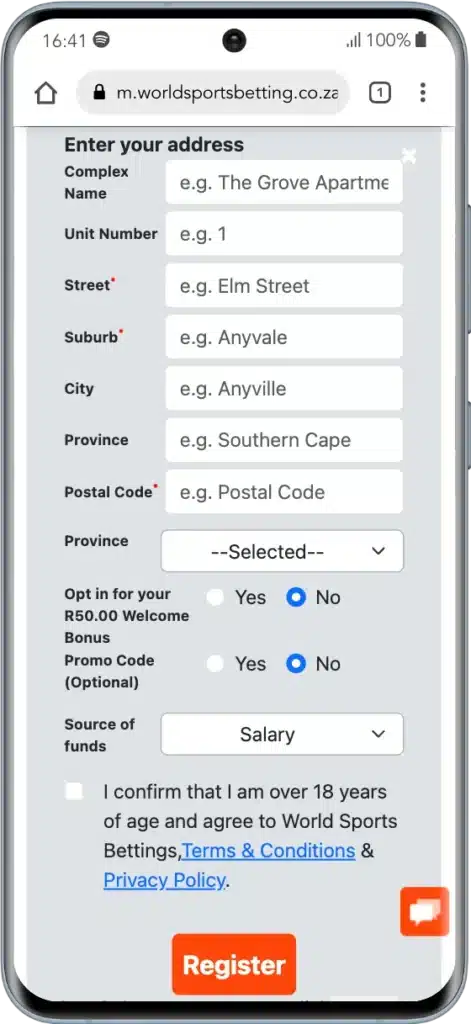 World Sports Betting registration step 2